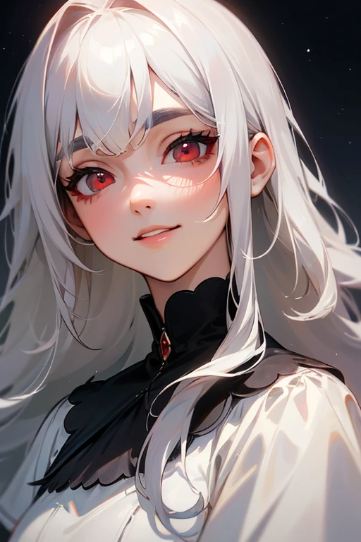 (highest quality, masterpiece:1.2), High resolution, 最高masterpiece、Very detailed, Realistic:1.37, Fantasy, An illustration,Gray Hair、 Red eyes、Queen, White Dress、beautifully、Eyeshadow Red、Thick eyebrows、Long eyelashes、pupils are black、shiny on the lips、Top Sites、Queen、Princess、A kind smile、Show your teeth a little and smile、Soft impression、people々々々Loved by、Slimming the face、Kissing Face、Long white hair、Shaggy Bangs、Watch the night sky、The image of the face remains the same、Long Straight