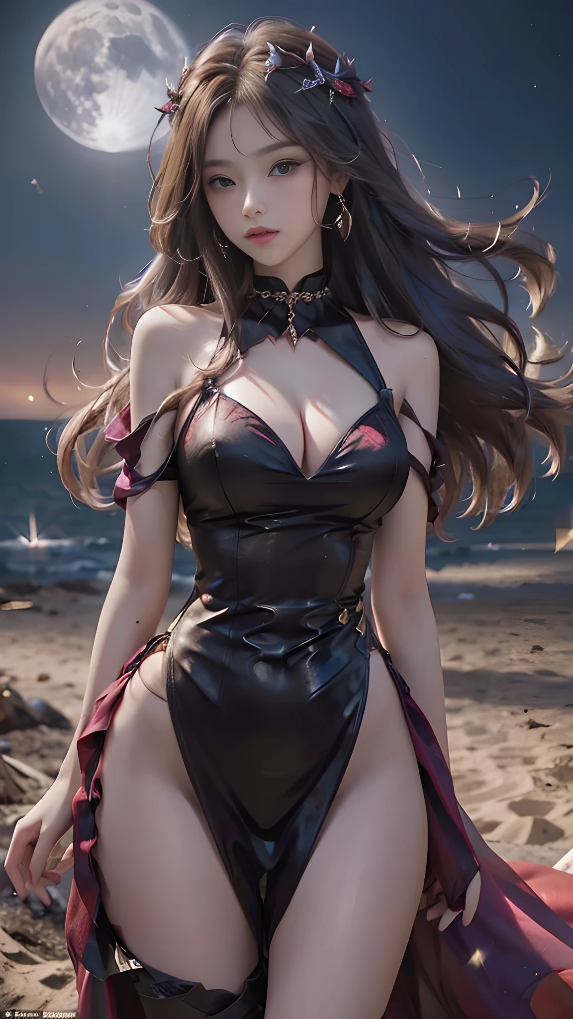 full hd 8k, Girl standing in front of a dark night scene, full moonlight reflecting on her beautiful face. Her long, silky hair was gently blown by the night wind, creating a gentle and romantic feeling. She is walking on a large beach. She looked up at the starry sky, as if searching for something, her eyes showing a pensive and lonely look. The full moon shines in the night sky creating a beautiful scene. The girl has long, silky hair, creating a luxurious and noble beauty. The moonlight shines on the girl's delicate face, highlighting her large, round light brown eyes, creating a natural, gentle beauty. She wore a little sexyly red dress to create a sexy beauty. Her plumble breasts were exposed, revealing her plumble and extremely sexy breasts. These images capture detailed panoramic portraits and views of the sky and sea. All create a beautiful, wonderful picture that makes people unable to take their eyes off the scene. All of these details are depicted clearly and sharply, creating sexyly poses,