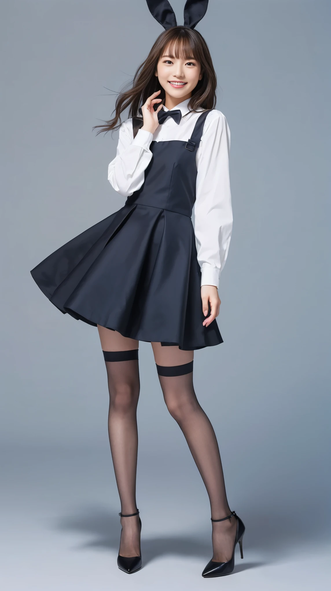 Bunny girl in light blue maid outfit:1.5,Wearing light blue tights:1.5,The best smile:1.5,Full Body Shot:1.5,Gray background:1.5,Wearing black high heels:1.5,Short cut side wave:1.5,