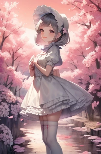 masterpiece, best quality, lissa, hair ornament, bonnet, frilled dress, white thighhighs, boots, standing, smile, white flowers, from side, hands at chest, trees, spring