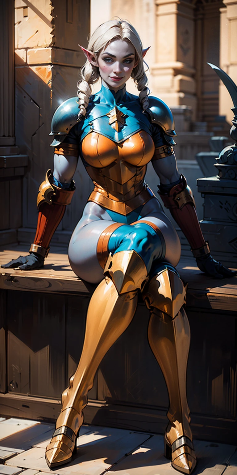 full body sitting on a bench showing ass to me, BLUE breastplate, BLUE skin (1girl)(BLUE skin:1.2), looking at viewer, shiny, armor, thigh highs, high boots, pauldrons shoulder armor, faulds, poleyn, gloves, gauntlets, rerebrace armored boots, (masterpiece, best quality, ultra-detailed, best shadow) yordle pointy ears muscular lean platinum blonde long twin-tails hairstyle at the office lustful smirking smile face red blushed, blush, strong abs, female body builder, tiara, twin drills hair