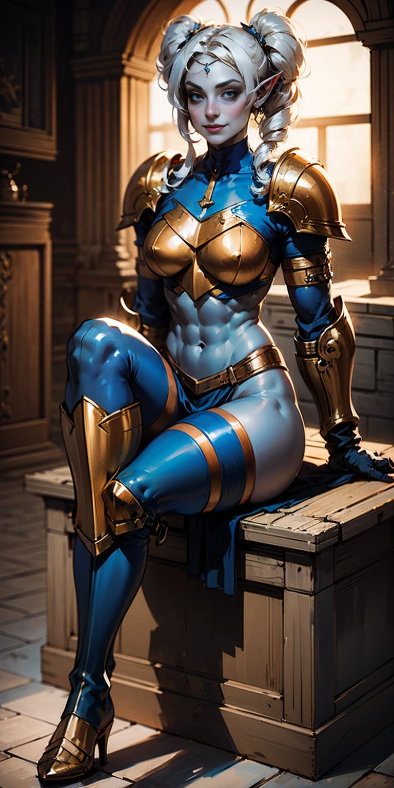 full body sitting on a bench showing ass to me, BLUE breastplate, BLUE skin (1girl)(BLUE skin:1.2), looking at viewer, shiny, armor, thigh highs, high boots, pauldrons shoulder armor, faulds, poleyn, gloves, gauntlets, rerebrace armored boots, (masterpiece, best quality, ultra-detailed, best shadow) yordle pointy ears muscular lean platinum blonde long twin-tails hairstyle at the office lustful smirking smile face red blushed, blush, strong abs, female body builder, tiara, twin drills hair