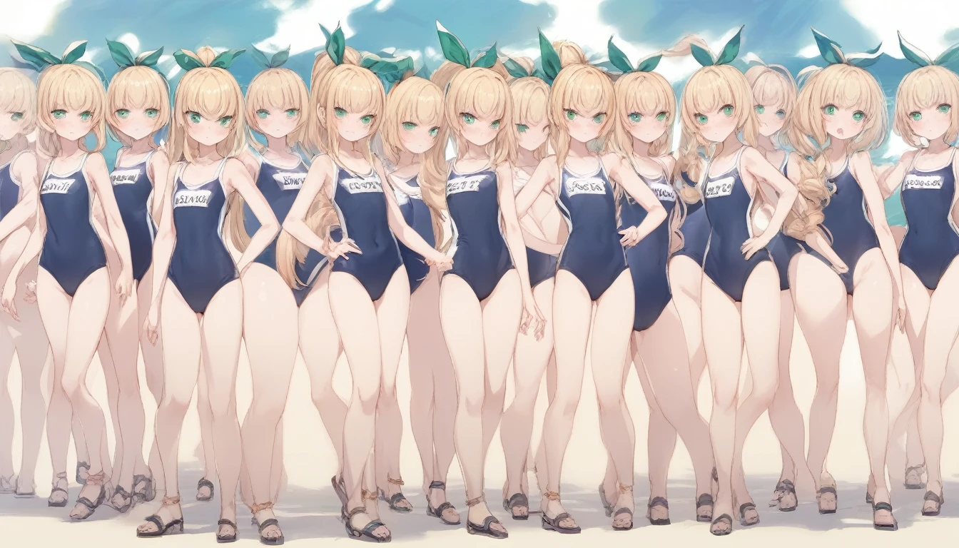 Short stature,flat chest, clone girls, blond hair, green eyes,swimsuit roll(mega man x dive old design) clones,high ponytail hair,Sleeveless navy one piece school swimsuit with white stripes from armpit to flank,white name tag, navy heeled sandals, green ribbon,human appearance,same height,same appearance, same face,fill the entire image, absolutely everyone, many clone, masterpiece, best quality,insanely detailed, 20000+ clone girls, perfect features,multiple clone girls,same school swimsuit,same hair
