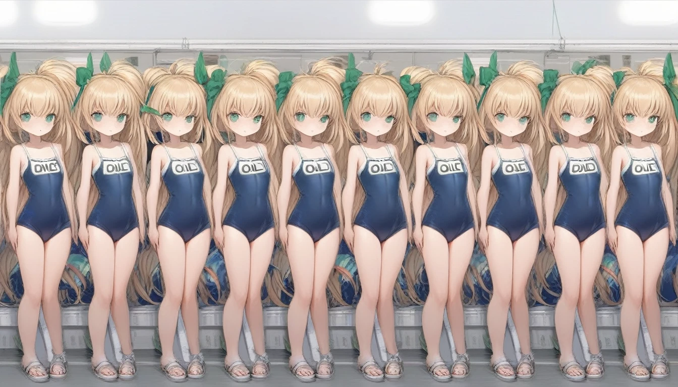 Short stature,flat chest, clone girls, blond hair, green eyes,swimsuit roll(mega man x dive old design) clones,high ponytail hair,Sleeveless navy one piece school swimsuit with white stripes from armpit to flank,white name tag, navy heeled sandals, green ribbon,human appearance,same height,same appearance, same face,fill the entire image, absolutely everyone, many clone, masterpiece, best quality,insanely detailed, 20000+ clone girls, perfect features,multiple clone girls,same school swimsuit,same hair