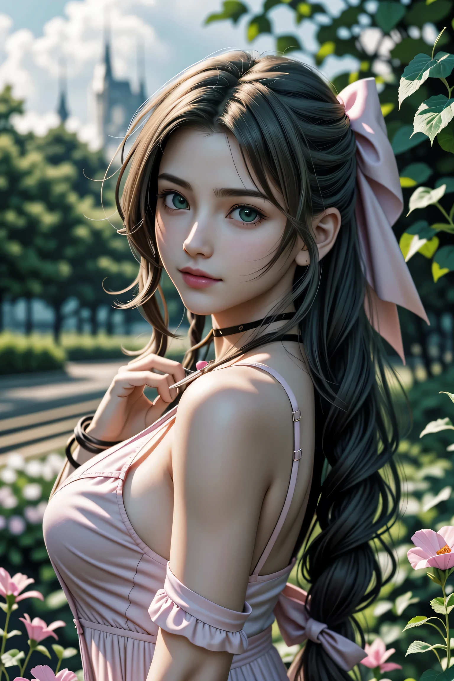 (masterpiece, 最high quality)
Aeris FF7, 1 Girl, alone, Long Hair, bangs, Brown Hair, dress, bow, ribbon, jewelry, Closed Mouth, Green Eyes, Red jacket, hair pink ribbon, Upper Body, Braid, hair bow, Side Lock, choker, necklace, lips, parted bangs, pink bow, Portraiture, Pink dress,  Photorealistic,Ultra HD,high quality,masterpiece,Digital SLR,Detailed details,Intricate details,Anatomical basis,Depicted in detail,A detailed face,Realistic skin texture,Vivid details,Perfect Anatomy,Perfect Anatomy,Anatomically correct hand,Anatomically correct fingers,Super Detail,Complex 3D rendering,Huge boobs,Sexy pose,Beautiful morning glory(flower),Rainy Sky,Beautiful scenery,Fantastic rainy sky,Picturesque,Pink Lips,smile,Fantastic butterflies々,
