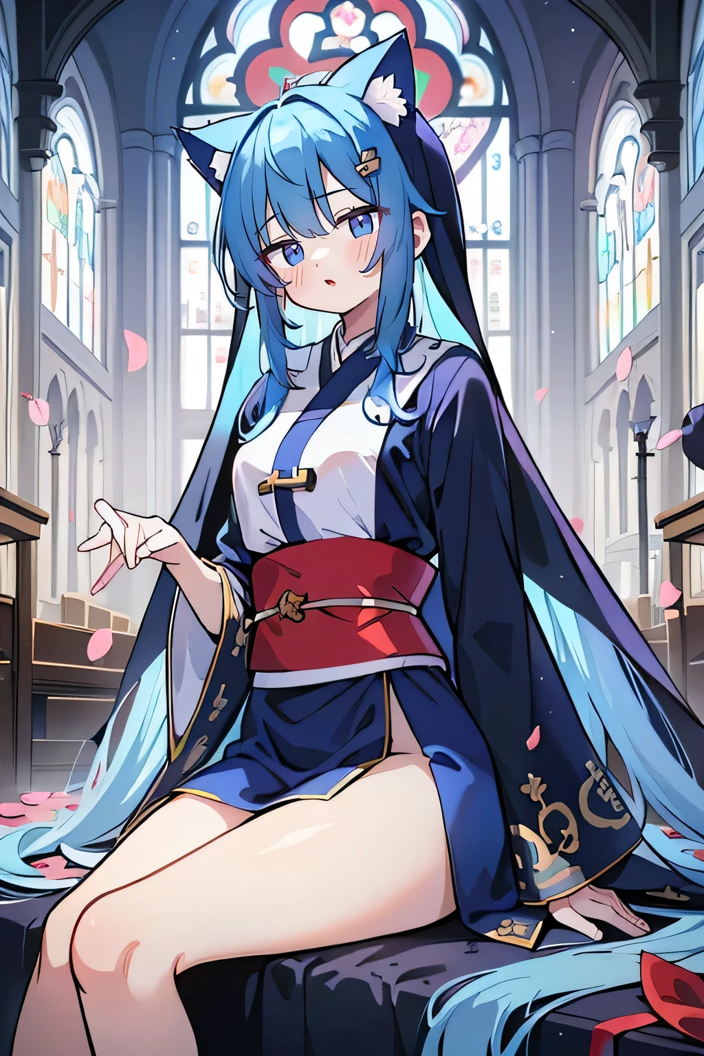 (masterpiece:1.2),Extremely detailed,Practical,expressive eyes,Fair skin,Perfect face shaping,1 Girl,
Japanese cartoons,Gorgeous blue hair, the long flowing blue hair,Floating clothes,Cat ears,Petals fall,beautiful lola,Young Angel,
Place your hands on your waist,sit elegantly on the ground,Cross your legs,Gentle and peaceful background,church,Nun's Clothes,back view,lie on the water,Large Breasts, H Cup, Good breasts, Place your hands on your waist,beautiful, Gorgeous,Japanese cartoons,girl,Lola,Hina Angel, Blue Hair, Blue Haired,Tent breasts, tent box, tent chest, Floating clothes,Grab your waist, Grab your waist, Hands on Hips , hands on hips,sit, sit on ground, Legs on the ground.
