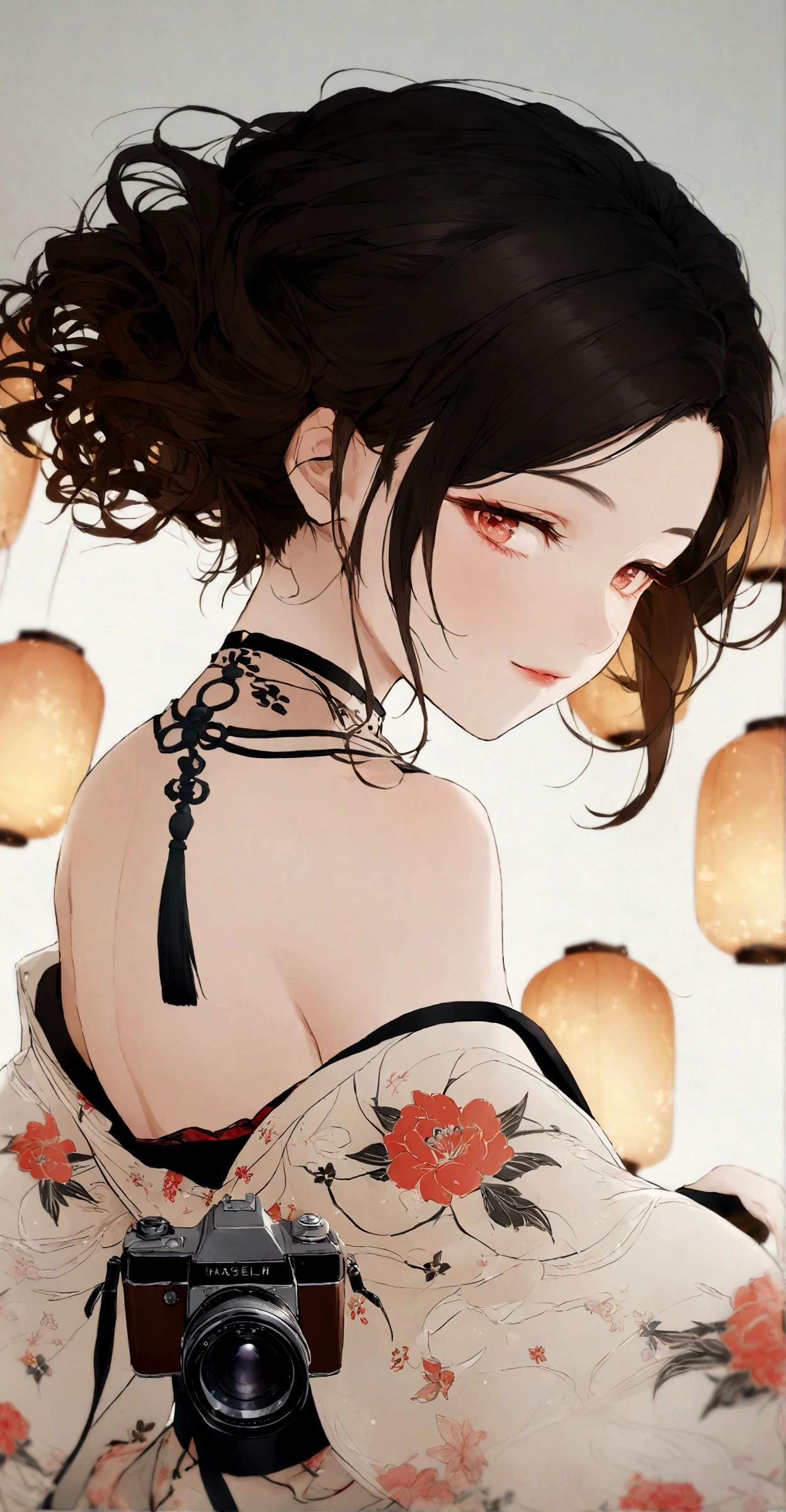 Stunning, high-resolution close-up photograph of a graceful Japanese woman's face, framed by her elaborately patterned yukata against a blurred night festival backdrop, glowing paper lanterns, muted tones of indigo and gold, soft skin tones, slight smile, cinematic lighting, analog film-like quality, Hasselblad camera.