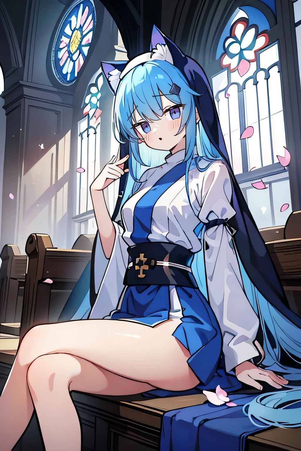 (masterpiece:1.2),Extremely detailed,Practical,expressive eyes,Fair skin,Perfect face shaping,1 Girl,
Japanese cartoons,Gorgeous blue hair, the long flowing blue hair,Floating clothes,Cat ears,Petals fall,beautiful lola,Young Angel,
Place your hands on your waist,sit elegantly on the ground,Cross your legs,Gentle and peaceful background,church,Nun&#39;s Clothes,back view,lie on the water,Large Breasts, H Cup, Good breasts, Place your hands on your waist,beautiful, Gorgeous,Japanese cartoons,girl,Lola,Hina Angel, Blue Hair, Blue Haired,Tent breasts, tent box, tent chest, Floating clothes,Grab your waist, Grab your waist, Hands on Hips , hands on hips,sit, sit on ground, Legs on the ground. 