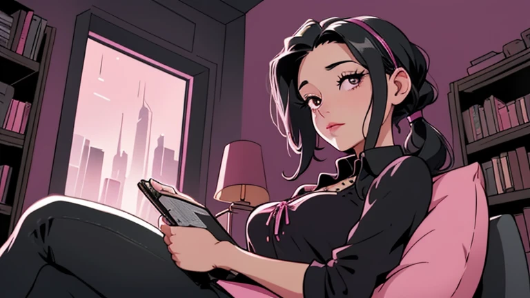 Beautiful woman in her 30s with black hair tied is sitting on the sofa. Looking down, LOFI girl, alone in the room, blouse, cozy wallpaper, big cushion, bookshelf, relaxing mood, night core, cozy, wide glass window with skyscrapers, outside view at night, only five fingers, pink wall, black Eyes, listening to music with headphones