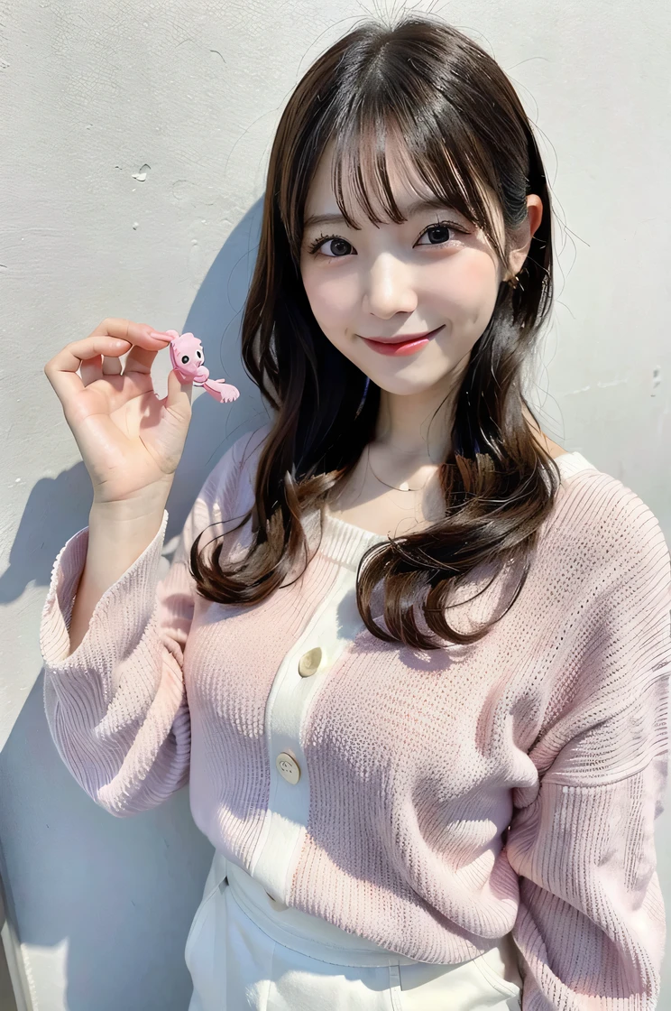 Japan Beauty、smiling, Live action、Poses variadas、Background shot on white wall、Colossal tits、Pink mask、Selfie wind、 knitwear
