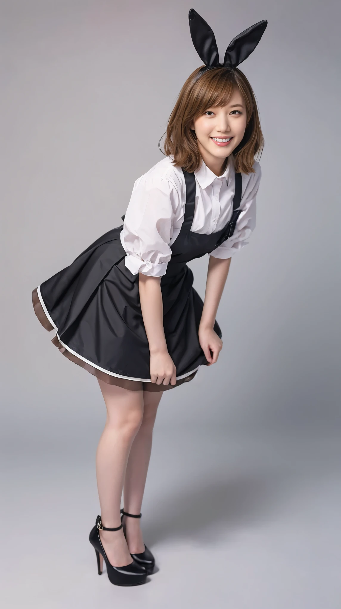 A bunny girl in a light pink maid outfit working at a maid cafe:1.5,The best smile:1.5,Full Body Shot:1.5,Gray background:1.5,Wearing black high heels:1.5,Brown hair, short cut, side wavy:1.5,Similar to Tsubasa Honda:1.5,mini skirt:1.5