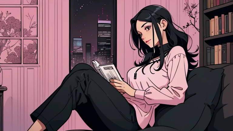 Beautiful woman in her 30s with black hair tied is sitting on the sofa. Looking down, LOFI girl, alone in the room, blouse, cozy wallpaper, big cushion, bookshelf, relaxing mood, night core, cozy, wide glass window with skyscrapers, outside view at night, only five fingers, pink wall, black Eyes, listening to music with headphones