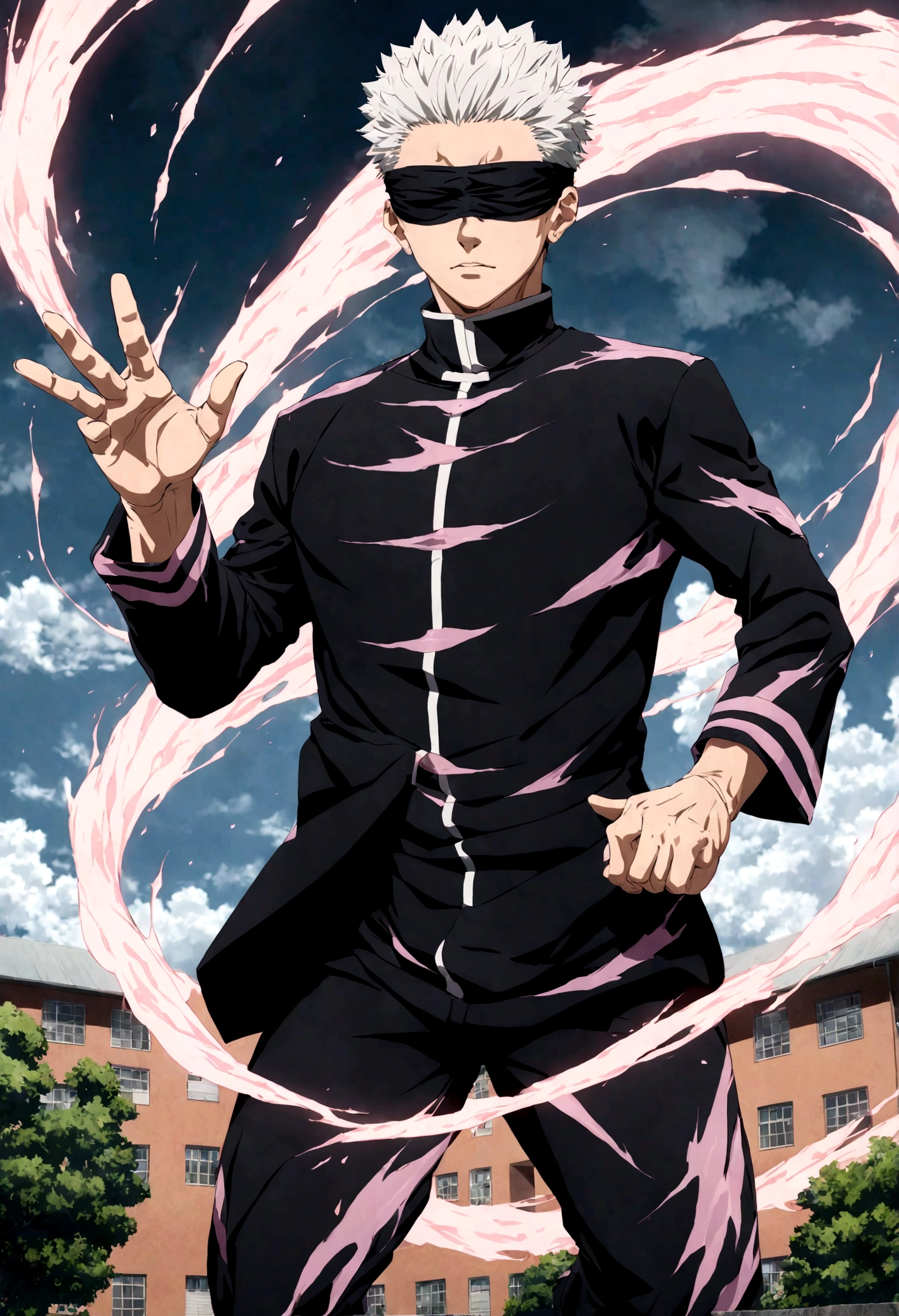 gojo satoru from the jujutsu kaisen universe, blindfolded with black cloth, powerful, imposing, pink swirling energy around his body, high school compound, photorealistic