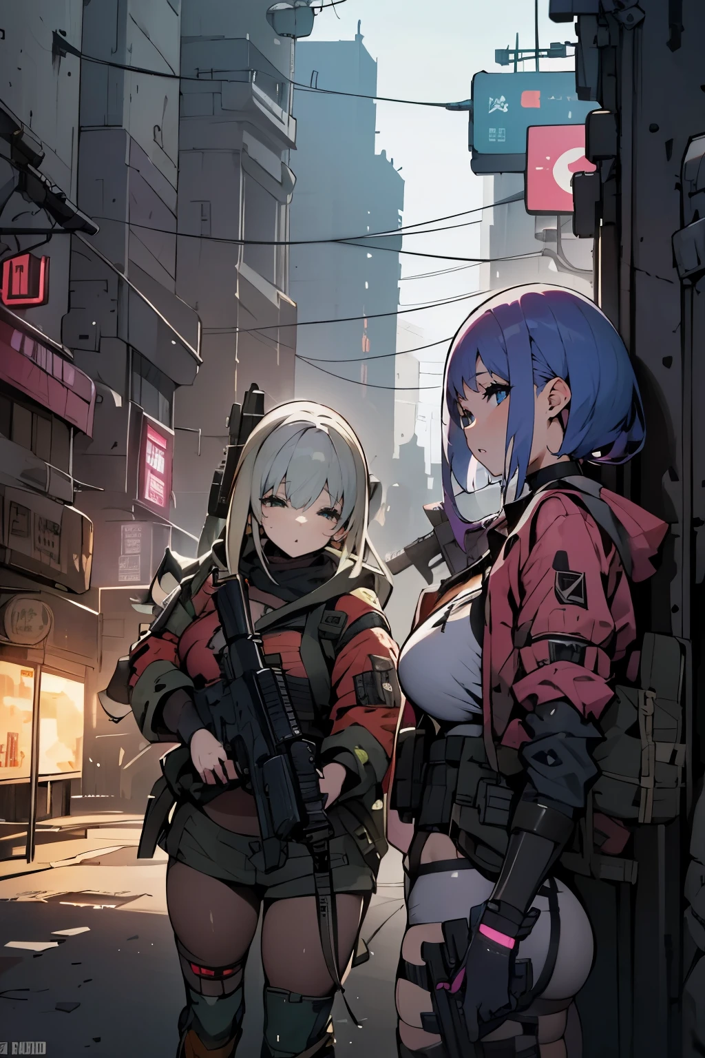 Group girls are holding cyberpunk assault rifles near a military humvee in the wasteland 