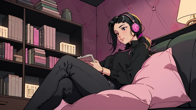 Beautiful woman in her 30s with black hair tied is sitting on the sofa. Looking down, LOFI girl, alone in the room, blouse, cozy wallpaper, big cushion, bookshelf, relaxing mood, night core, cozy, wide glass window with skyscrapers, outside view at night, only five fingers, pink wall, black Eyes, listening to music with headphones