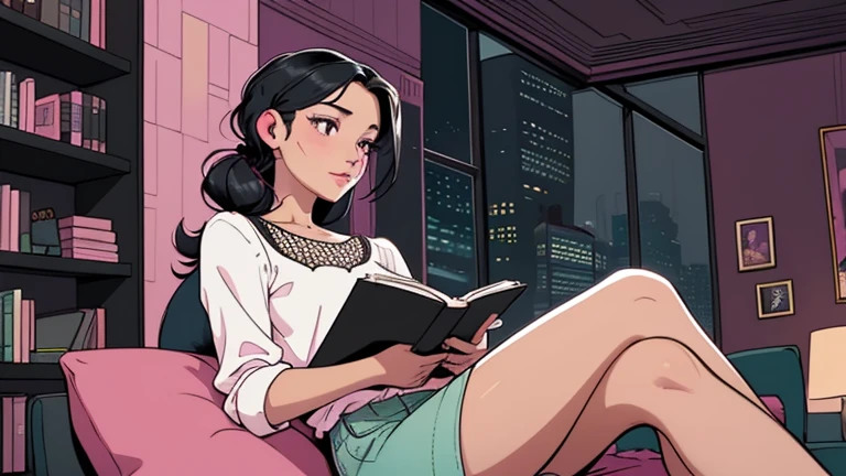 Beautiful woman in her 30s with black hair tied is sitting on the sofa. Looking down, LOFI girl, alone in the room, blouse, cozy wallpaper, big cushion, bookshelf, relaxing mood, night core, cozy, wide glass window with skyscrapers, outside view at night, only five fingers, pink wall, black Eyes, listening to music with headphones