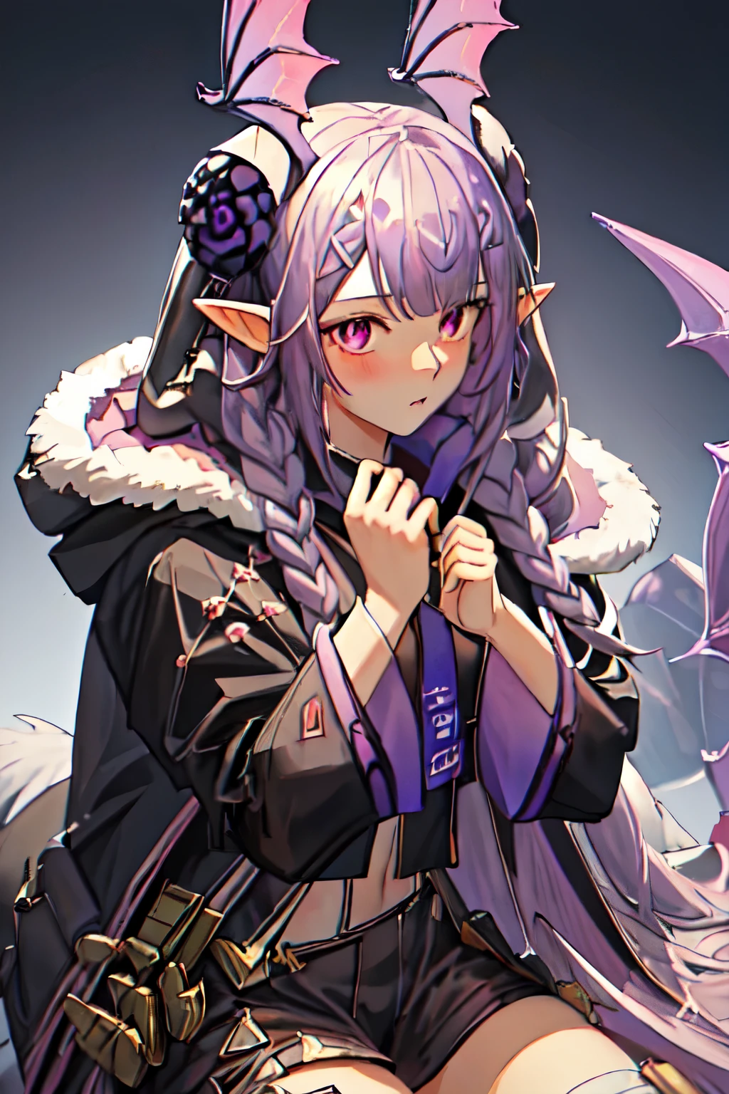 best quality, masterpiece, highres, solo, {manticore_arknights:1.15}, long_hair, purple_hair, head_wings, pointy_ears, bangs, hair_ornament, purple_eyes, twintails, breasts, hairclip, tail, 1girl, black_jacket, fur_trim, jacket, looking_at_viewer, fur-trimmed_jacket, simple_background, white_background, hood, shirt, upper_body, blush, hood_down, white_shirt