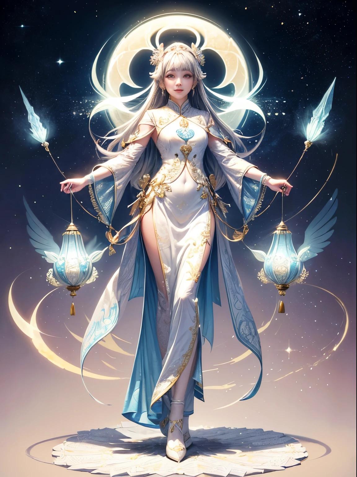 (Icon:1.4, paper art, Quilted paper art, geometry),Rotational symmetry, (Full body photo:1.4), (Chang'e , moon, Halo, Exquisite headdress, Smile), White background, (Chinese color, Advanced color matching), ( Bokeh, Out of Focus, soft light, light, Divine Light, Ultra HD)