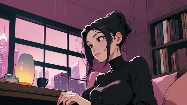 Beautiful woman in her 30s with black hair tied is sitting on the sofa. Looking down, LOFI girl, alone in the room, blouse, cozy wallpaper, big cushion, bookshelf, relaxing mood, night core, cozy, wide glass window with skyscrapers, outside view at night, only five fingers, pink wall, black Eyes, listening to music with headphones