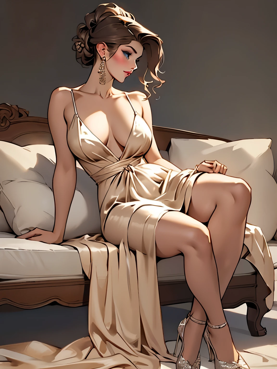Masterpiece: 1.5), (Best Quality: 1.5), (full body), 1girl, solo, brunettes wrap updo hair, huge breasts, makeup, parted lips, upper body, lips, blue eyes, realistic, collarbone, lipstick, eyeshadow, perfect face, perfect eyes, subsurface scattering, huge breasts, saggy breast, tense nipples, wide hips, wearing ((beige satin negligee)), lying, on sofa, white room studio, ultra-high details, clear background, front view