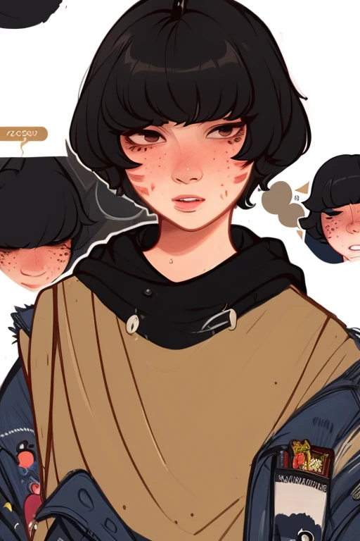 1girl, black hair, stitch marks on lips