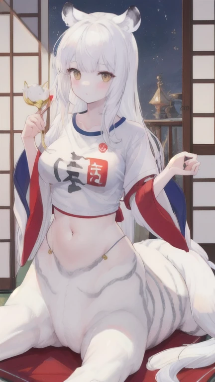 (best quality, masterpiece), 1 girl, centaur, It takes, White skin, 7-year-old Japanese female student, Smiling, exposing the abdomen,belly button t-shirt, 아름다운 소녀 perfect white tiger photo, perfect white tiger photo