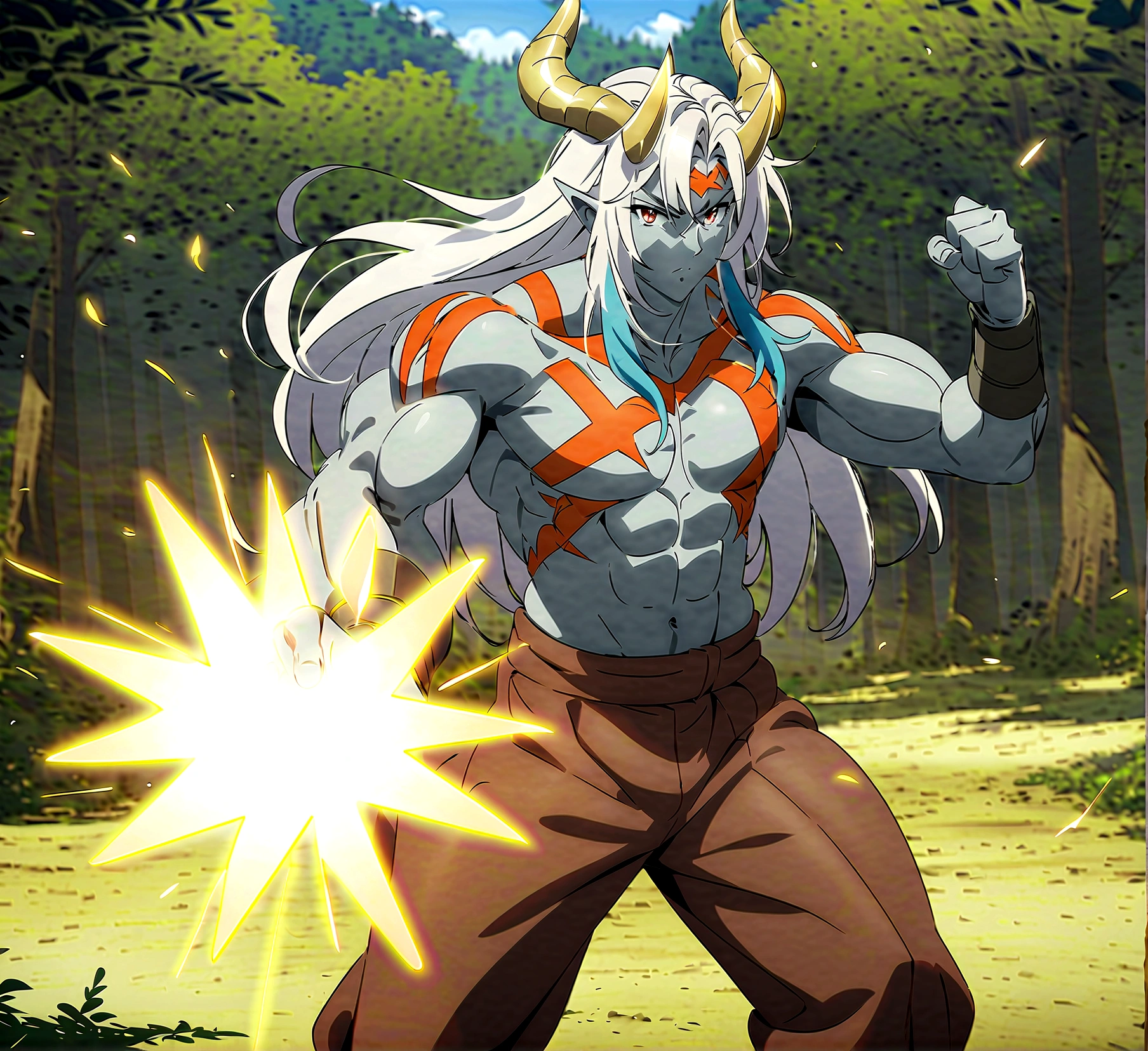 anime aestetic, anime character, standing in the battle pose, holding healbert, grey skin, male, serioce face, mature face, ogre, red tatoos, agry eyes, golden horns, two horns, ogre, muscular body, dynamic pose, brown eyes, white long hair, blury forest on the background, daytime, perfect quality, pov, highres, best quality, award winning, 4K, high details, anatomically correct, masterpiece