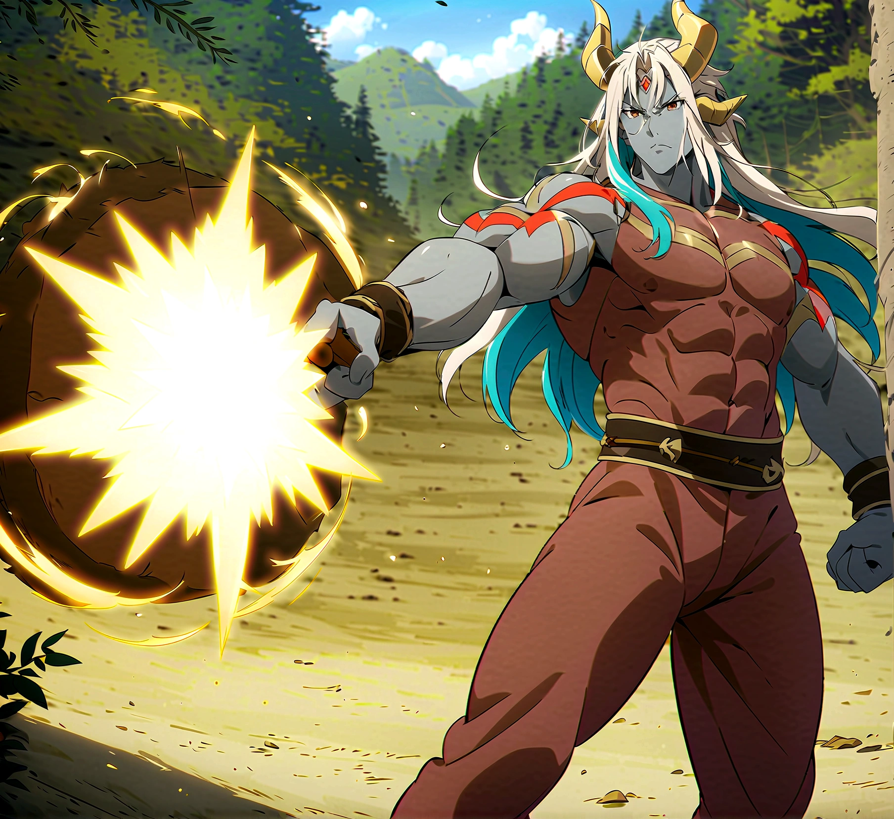 anime aestetic, anime character, standing in the battle pose, holding healbert, grey skin, male, serioce face, mature face, ogre, red tatoos, agry eyes, golden horns, two horns, ogre, muscular body, dynamic pose, brown eyes, white long hair, blury forest on the background, daytime, perfect quality, pov, highres, best quality, award winning, 4K, high details, anatomically correct, masterpiece