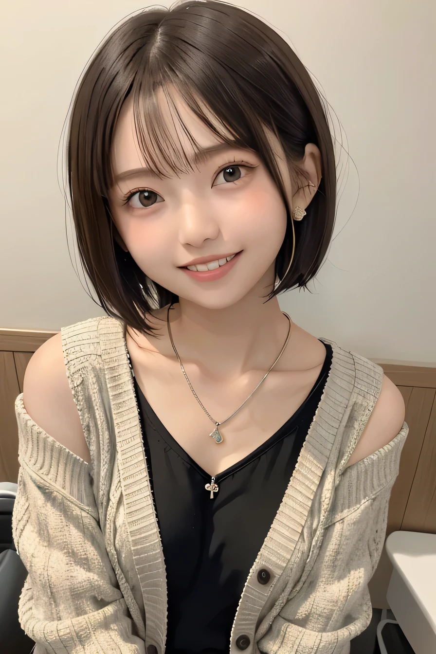 205 ((short hair)), 20-year-old female, Surrealism,cardigan、Shoulder Fashion、Smiling with teeth showing、 A refreshing smile、、Beautiful teeth alignment、Brown Hair、ear piercing、Necklace around the neck、