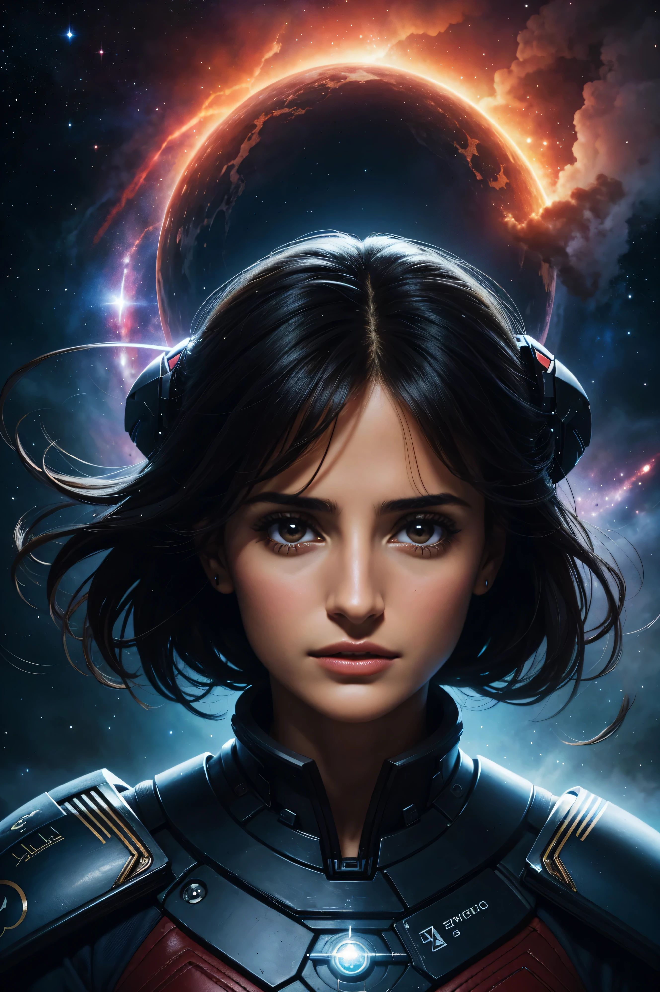 portrait of a beautiful Penélope Cruz surrounded by space and nebulas, actionphoto of beautiful young hot spacegirl, stargate, some red water, the future of 2300, highly detailed, artstation, illustration