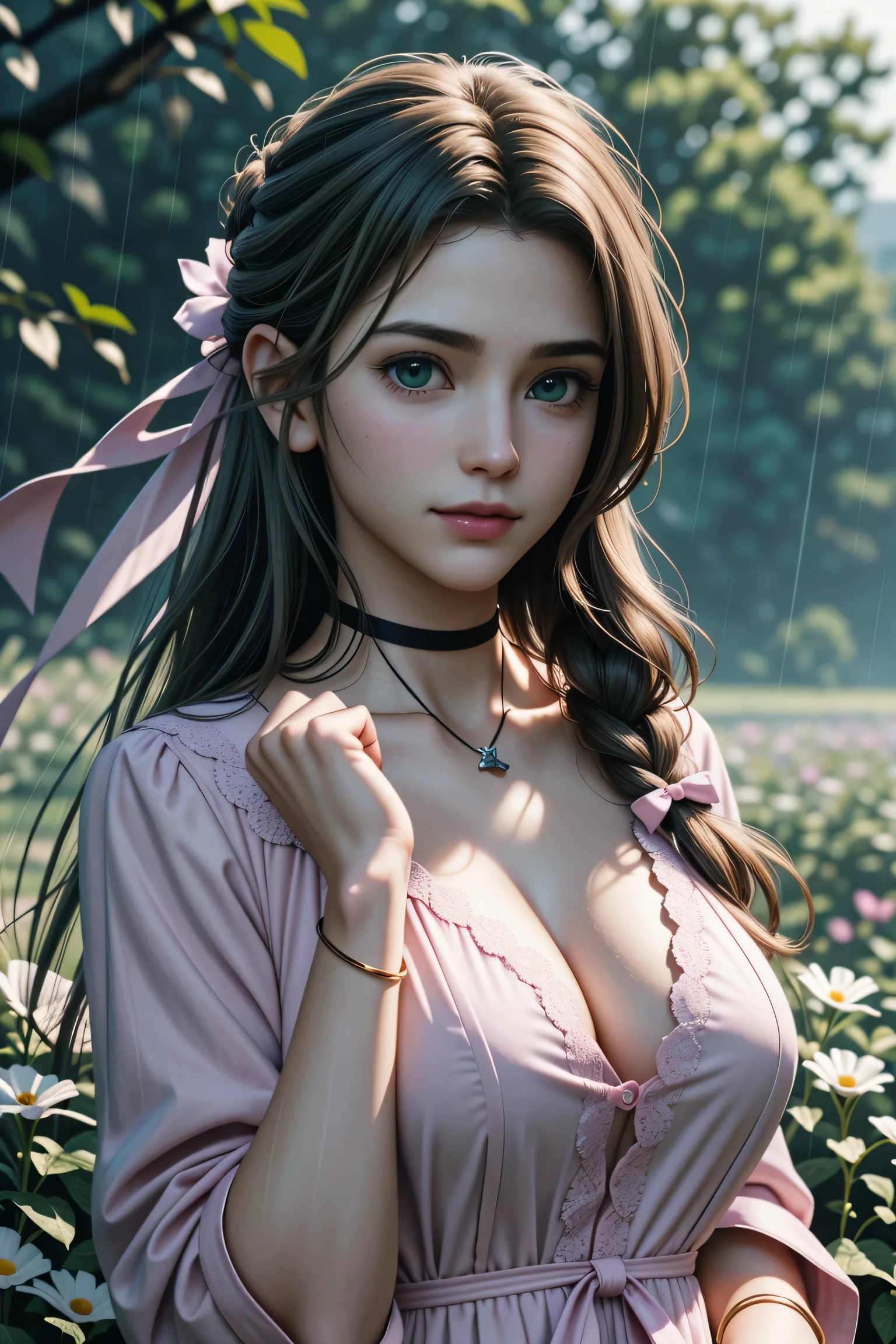 (masterpiece, 最high quality)
Aeris FF7, 1 Girl, alone, Long Hair, bangs, Brown Hair, dress, bow, ribbon, jewelry, Closed Mouth, Green Eyes, Red jacket, hair pink ribbon, Upper Body, Braid, hair bow, Side Lock, choker, necklace, lips, parted bangs, pink bow, Portraiture, Pink dress,  Photorealistic,Ultra HD,high quality,masterpiece,Digital SLR,Detailed details,Intricate details,Anatomical basis,Depicted in detail,A detailed face,Realistic skin texture,Vivid details,Perfect Anatomy,Perfect Anatomy,Anatomically correct hand,Anatomically correct fingers,Super Detail,Complex 3D rendering,Huge boobs,Sexy pose,Beautiful morning glory(flower),Rainy Sky,Beautiful scenery,Fantastic rainy sky,Picturesque,Pink Lips,smile,Fantastic butterflies々,
