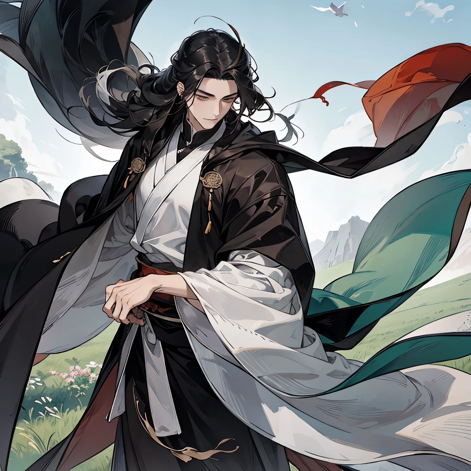 ( Mo Dao Zu Shi) a close up of a person holding a bird in a field, black hair, grey eyes, flowing hair and long robes, beautiful male god of death, wearing flowing robes, full body wuxia, shuushuu anime image, inspired by Wu Daozi, heise jinyao, wearing a long flowing robe, by Jin Homura, flowing robes, in a cloak with long hairs, black clothes