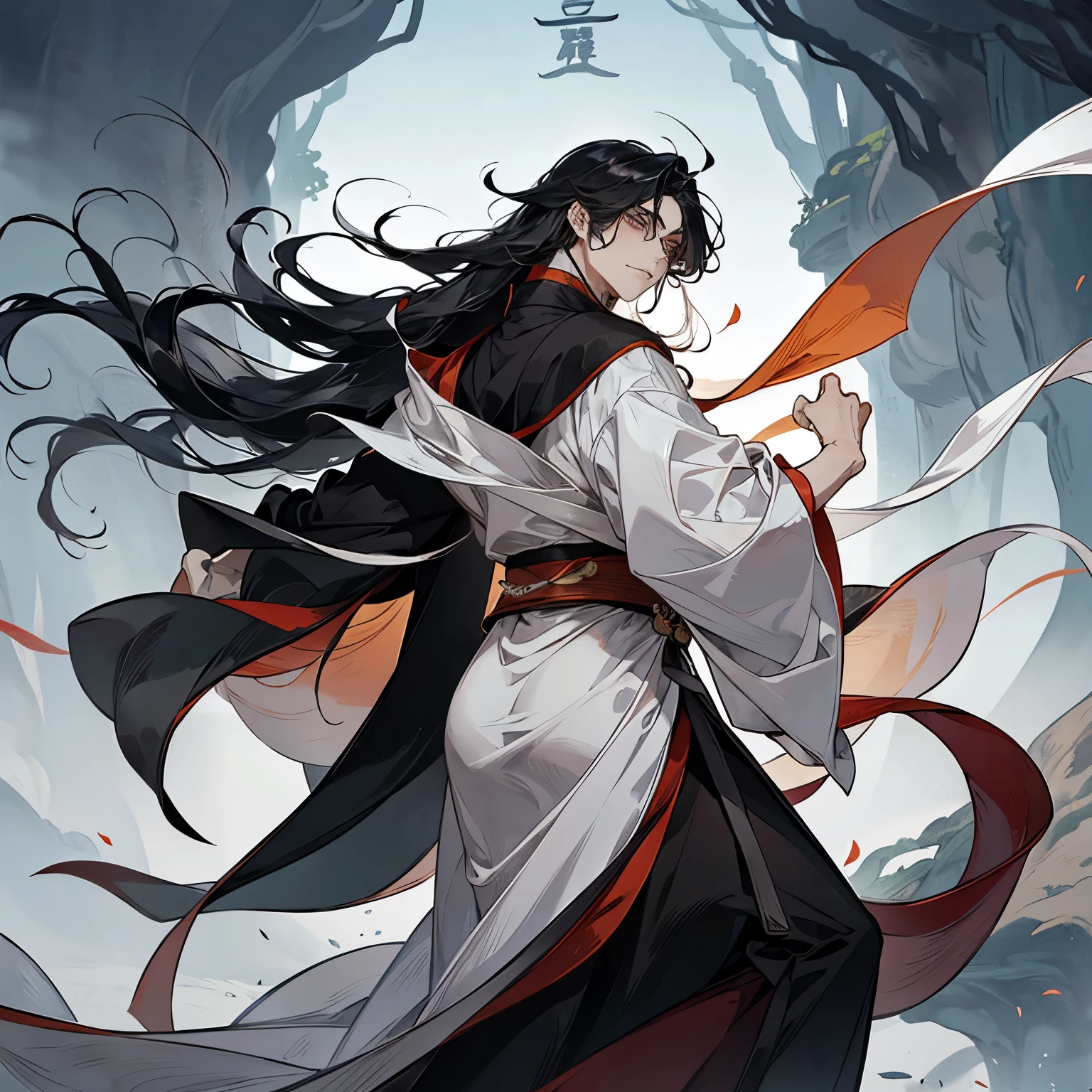 ( Mo Dao Zu Shi) black hair, grey eyes, flowing hair and long robes, beautiful male god of death, wearing flowing robes, full body wuxia, shuushuu anime image, inspired by Wu Daozi, heise jinyao, wearing a long flowing robe, by Jin Homura, flowing robes, in a cloak with long hairs, black clothes