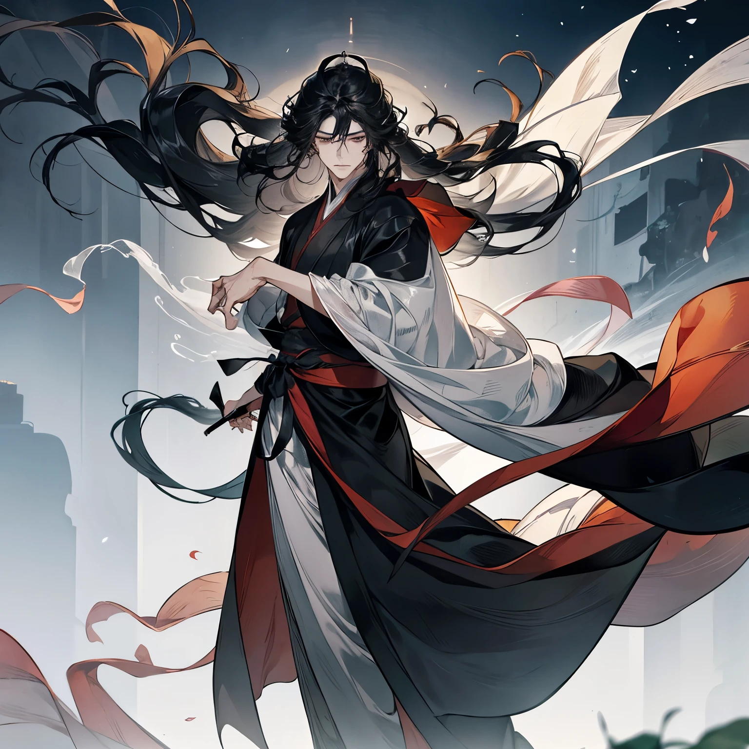 ( Mo Dao Zu Shi) black hair, grey eyes, flowing hair and long robes, beautiful male god of death, wearing flowing robes, full body wuxia, shuushuu anime image, inspired by Wu Daozi, heise jinyao, wearing a long flowing robe, by Jin Homura, flowing robes, in a cloak with long hairs, (black clothes)