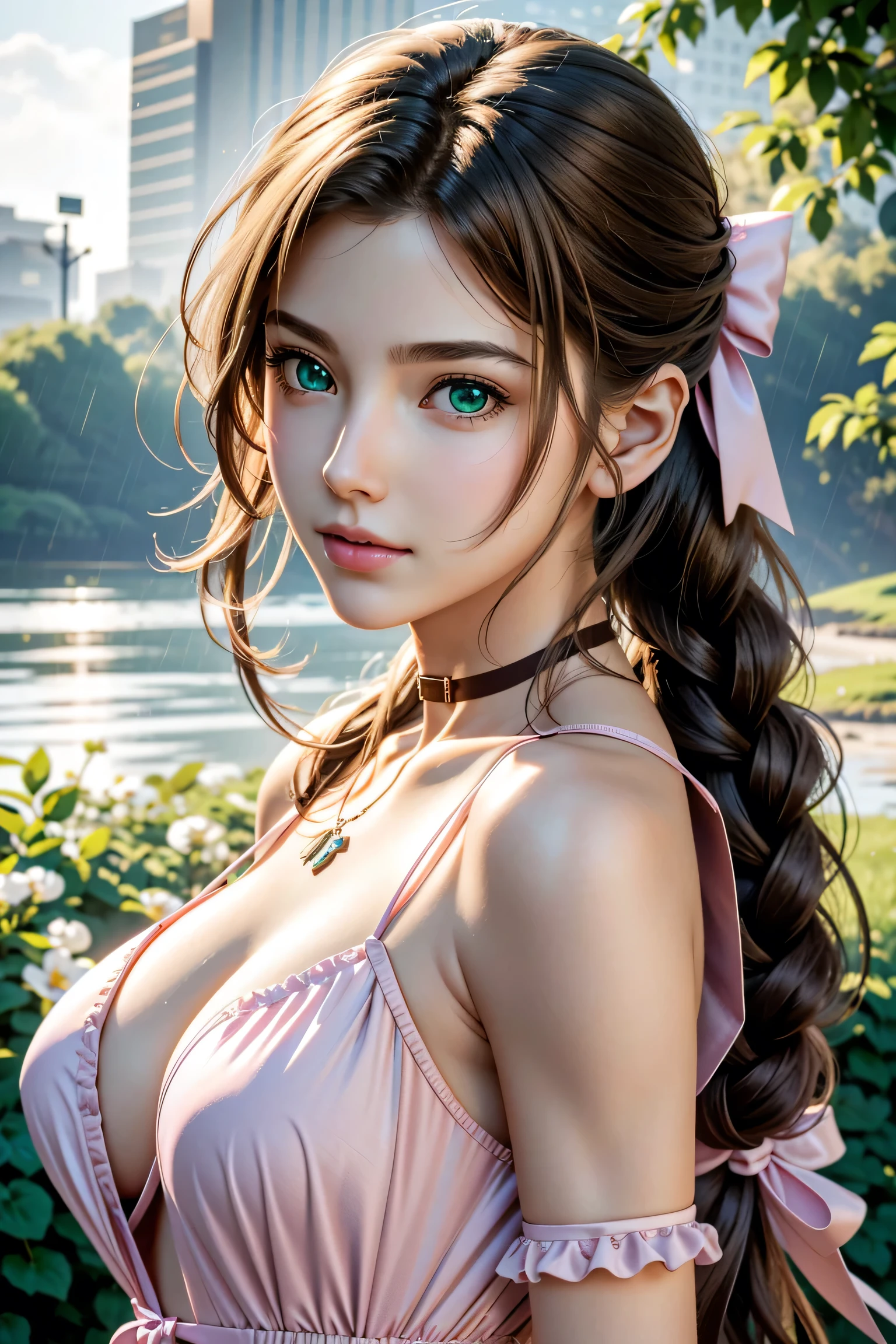 (masterpiece, 最high quality)
Aeris FF7, 1 Girl, alone, Long Hair, bangs, Brown Hair, dress, bow, ribbon, jewelry, Closed Mouth, Green Eyes, Red jacket, hair pink ribbon, Upper Body, Braid, hair bow, Side Lock, choker, necklace, lips, parted bangs, pink bow, Portraiture, Pink dress,  Photorealistic,Ultra HD,high quality,masterpiece,Digital SLR,Detailed details,Intricate details,Anatomical basis,Depicted in detail,A detailed face,Realistic skin texture,Vivid details,Perfect Anatomy,Perfect Anatomy,Anatomically correct hand,Anatomically correct fingers,Super Detail,Complex 3D rendering,Huge boobs,Sexy pose,Beautiful morning glory(flower),Rainy Sky,Beautiful scenery,Fantastic rainy sky,Picturesque,Pink Lips,smile,Fantastic butterflies々,

