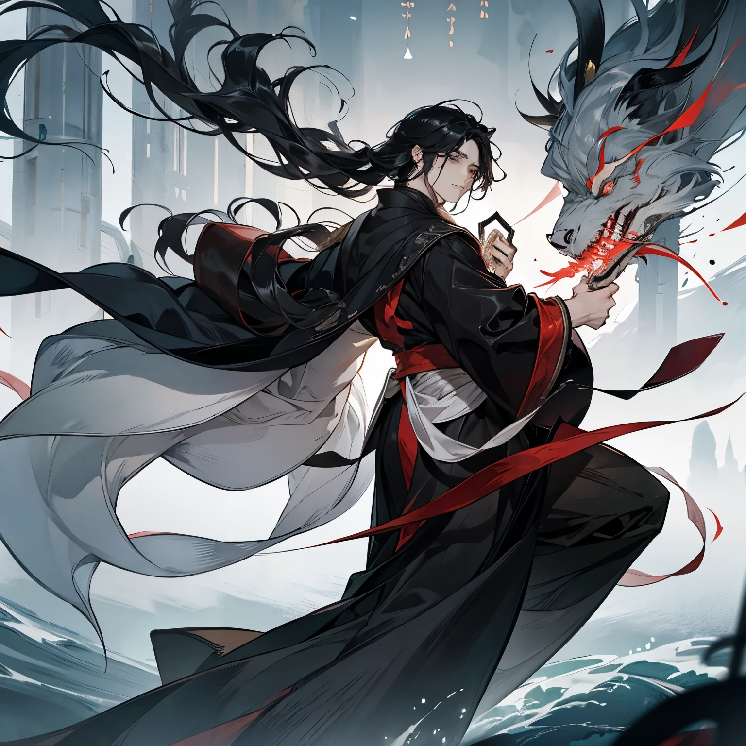 ( Mo Dao Zu Shi) black hair, grey eyes, flowing hair and long robes, ( red ribbon in his hair) beautiful male god of death, wearing flowing robes, full body wuxia, shuushuu anime image, inspired by Wu Daozi, heise jinyao, wearing a long flowing robe, by Jin Homura, flowing robes, in a cloak with long hairs, (black clothes)