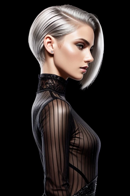 Gorgeous european woman with very short straight hair, short hair, wet hair, hair slicked back, combed straight back, slick hair, silver hair, wearing a transparent net dress, solid dark black background