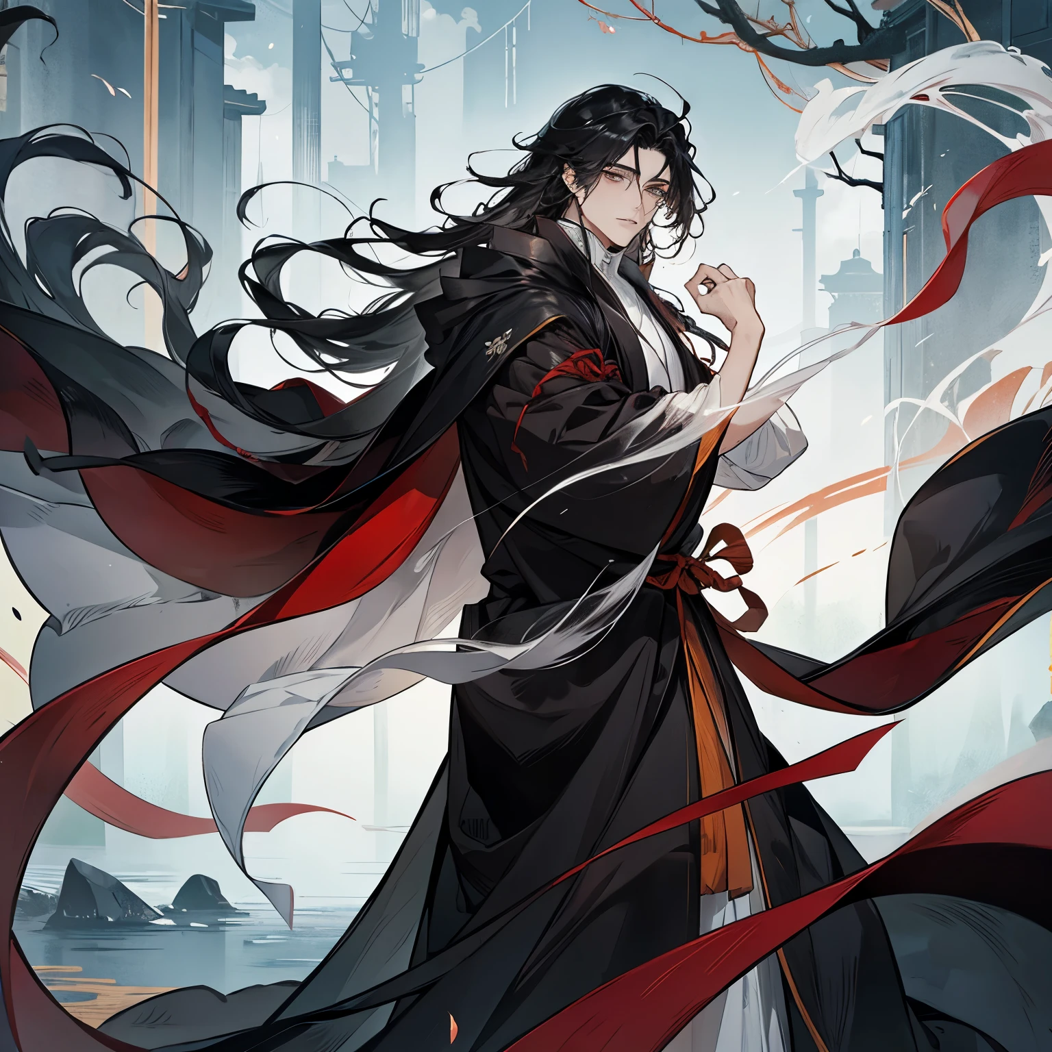( Mo Dao Zu Shi) black hair, grey eyes, flowing hair and long robes, ( red ribbon in his hair) beautiful male god of death, wearing flowing robes, full body wuxia, shuushuu anime image, inspired by Wu Daozi, heise jinyao, wearing a long flowing robe black, by Jin Homura, flowing robes, in a cloak with long hairs, (black clothes)