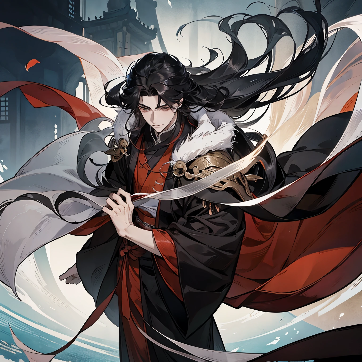 ( Mo Dao Zu Shi) black hair, grey eyes, flowing hair and long robes, ( red ribbon in his hair) beautiful male god of death, wearing flowing robes, full body wuxia, shuushuu anime image, inspired by Wu Daozi, heise jinyao, wearing a long flowing robe black, by Jin Homura, flowing robes, in a cloak with long hairs, (black clothes)