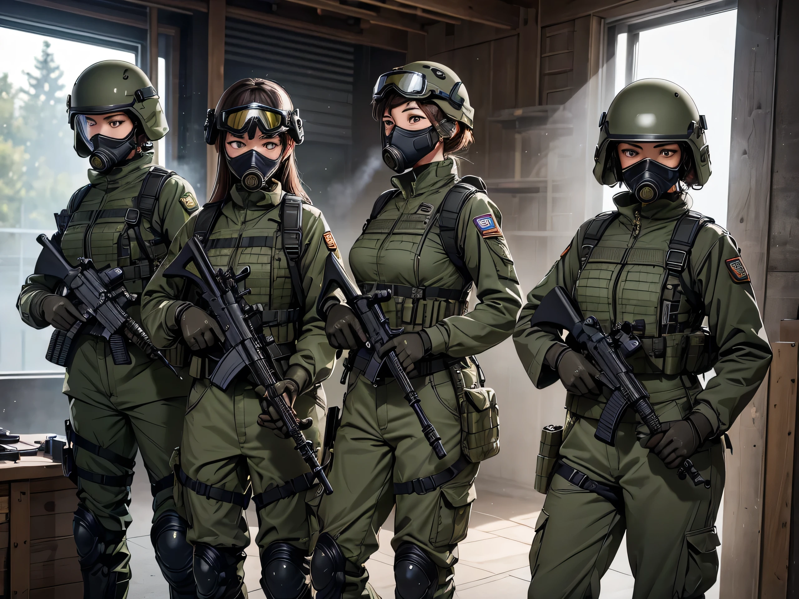 Four female special forces soldiers wearing gas masks、Crotch guard、Put on a helmet、Wear goggles、M51 Military Uniform,front,side by side、The same posture、Holding a pistol、Combat Shooting、military trousers、Ammunition belt、Tactical harness、Write details、masterpiece、best quality、Highly detailed CG、8K picture quality、theater lighting、lens flare