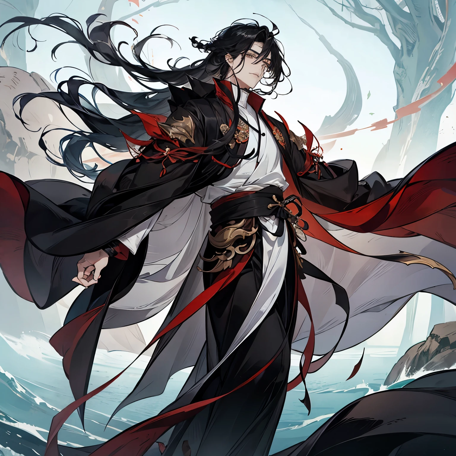 ( Mo Dao Zu Shi) black hair, grey eyes, flowing hair and long robes, ( red ribbon in his hair) beautiful male god of death, wearing flowing robes, full body wuxia, shuushuu anime image, inspired by Wu Daozi, heise jinyao, wearing a long flowing robe black, by Jin Homura, flowing robes, in a cloak with long hairs, (black clothes)