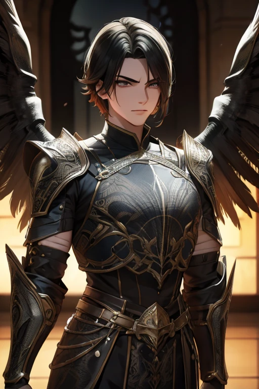 Moreno, pelo corto, ojos verdes, cara perfecta, belleza, alta calidad, detalles, 1 hombre, atractivo, poderoso, fuerte, musculoso, cuerpo completo, armadura negra, hombre joven, 25 years, espada magica, sin casco, barba, dragon wings