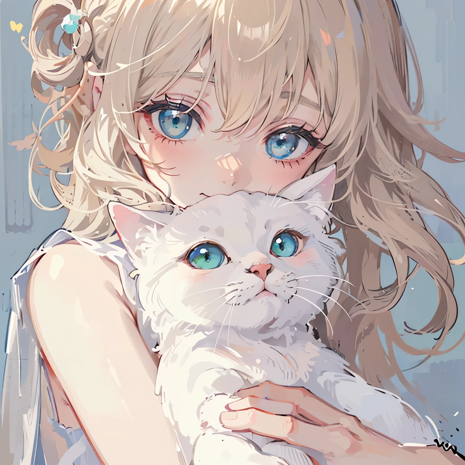 A beautiful, serene half-body illustration of a young woman with light blonde, wavy hair holding a white cat. The woman has green eyes and delicate features, looking gently at the viewer. The cat has green eyes, adding to their harmonious appearance. The background is soft and minimalistic, with a warm, calming color palette. The scene is a close-up shot, focusing on the woman's upper body and face, with the cat nestled comfortably in her arms. The overall style should be consistent with a warm, peaceful, and gentle atmosphere. masterpiece, best quality, sketch, eyes visible through hair,cute, light blush, laughing,((cat_pose)),