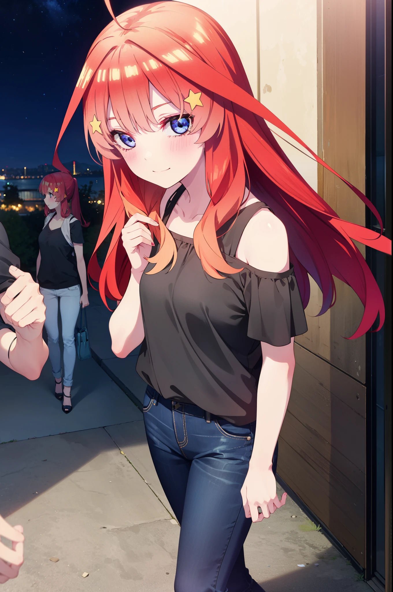 itsukinakano, Itsuki Nakano, bangs, blue eyes, Hair between the eyes, Ahoge, Redhead, star \(symbol\), hair ornaments, star hair ornaments,smile,blush,Cold shoulder tops,Skinny jeans,Short sleeve,Stiletto heels,night,Walking,moon,whole bodyがイラストに入るように,Looking down from above,
break outdoors, In town,Building district,
break looking at viewer, whole body,
break (masterpiece:1.2), highest quality, High resolution, unity 8k wallpaper, (figure:0.8), (Beautiful fine details:1.6), Highly detailed face, Perfect lighting, Highly detailed CG, (Perfect hands, Perfect Anatomy),
