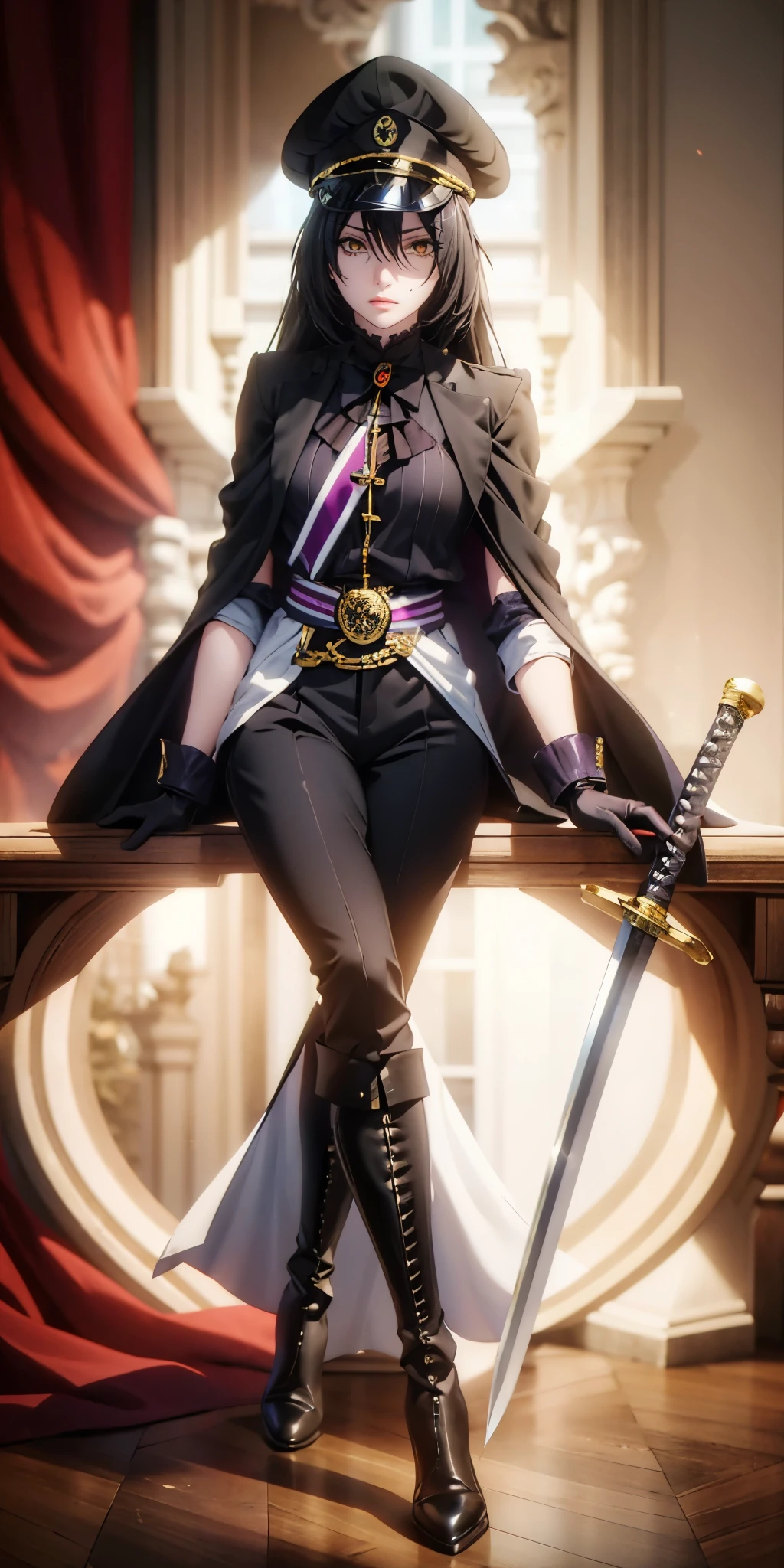 (long hair:1.3), black hair, (forehead:1.3), golden eyes, curvy, anatomical correct, 1girl, solo, looking at viewer, bangs, gloves, long sleeves, hat, jacket, full body, weapon, boots, food, belt, pants, sword, white gloves, cape, black footwear, uniform, military, black headwear, military uniform, buttons, black pants, knee boots, crossed legs, katana, sheath, peaked cap, sheathed, military hat, hollow eyes, golden eyes, lips, cheek, expressionless, glaring eyes, upper teeth, magic, 