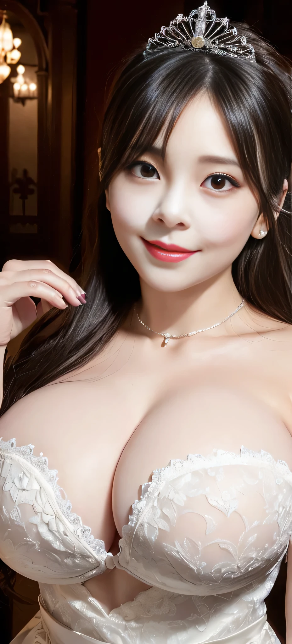 (highest quality, Tabletop:1.2), (Realistic:1.3), (Very Detailed Background, Detailed Background), Bokeh, ((Very large breasts bigger than a face:1.93)), ((Tense cleavage)),(Belleline Wedding Dresses:1.3),Bridal Tiara, show, Bridal Veil, Bridal Gauntlet, bridal cascade bouquet, Upper Body, Church wedding, The skirt is round and wide, One Girl, 30th Generation, cute,smile, Dynamic Angle