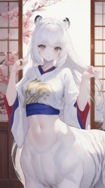 (best quality, masterpiece), 1 girl, centaur, It takes, White skin, Japanese , exposing the abdomen,belly button t-shirt, beautiful girl perfect white tiger photo, perfect white tiger photo