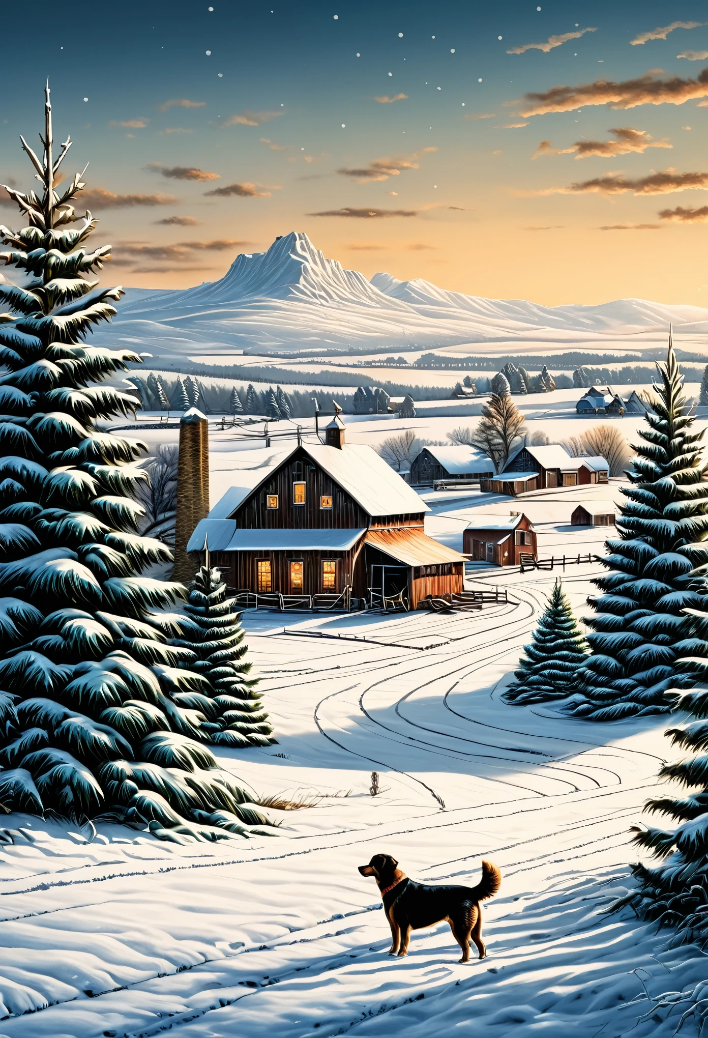 Drawing of a farm with Christmas trees and a dog, Terry Redlin inspired portraits, Shutterstock, American Landscape Painting, 4K, 4k yen, 8k yen, 8k, 2 5 6 x 2 5 6, 256x256, detailed high resolution, High-resolution details, 3 2 × 3 2, 8k 4K