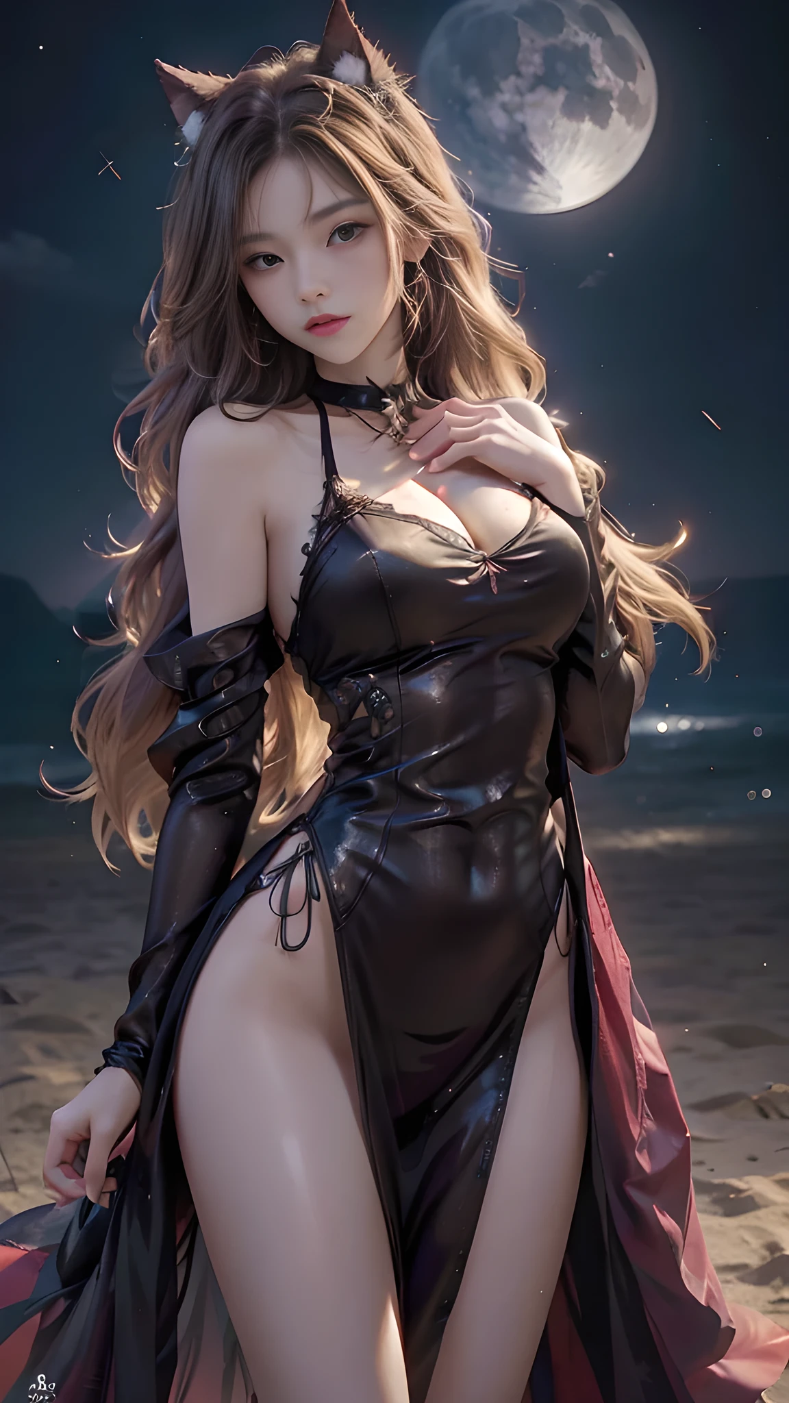 full hd 8k, Girl standing in front of a dark night scene, full moonlight reflecting on her beautiful face. Her long, silky hair was gently blown by the night wind, creating a gentle and romantic feeling. She is walking on a large beach. She looked up at the starry sky, as if searching for something, her eyes showing a pensive and lonely look. The full moon shines in the night sky creating a beautiful scene. The girl has long, silky hair, creating a luxurious and noble beauty. The moonlight shines on the girl's delicate face, highlighting her large, round light brown eyes, creating a natural, gentle beauty. She wore a little sexyly red dress to create a sexy beauty. Her plumble breasts were exposed, revealing her plumble and extremely sexy breasts. These images capture detailed panoramic portraits and views of the sky and sea. All create a beautiful, wonderful picture that makes people unable to take their eyes off the scene. All of these details are depicted clearly and sharply, creating sexyly poses,