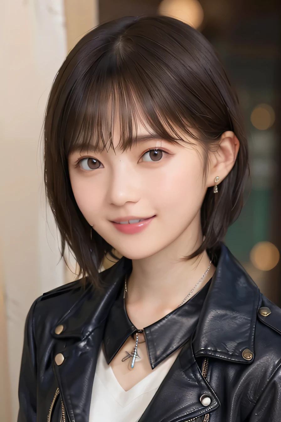 205 ((short hair)), 20-year-old female, Surrealism、leather jacket、blouse、Shoulder Fashion、 A refreshing smile、、Beautiful teeth alignment、Brown Hair、ear piercing、Necklace around the neck、

